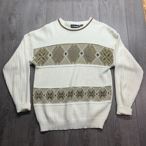 Vintage Chams Mens Cream Argyle Large Crewneck Sweater Faux Suede Patch